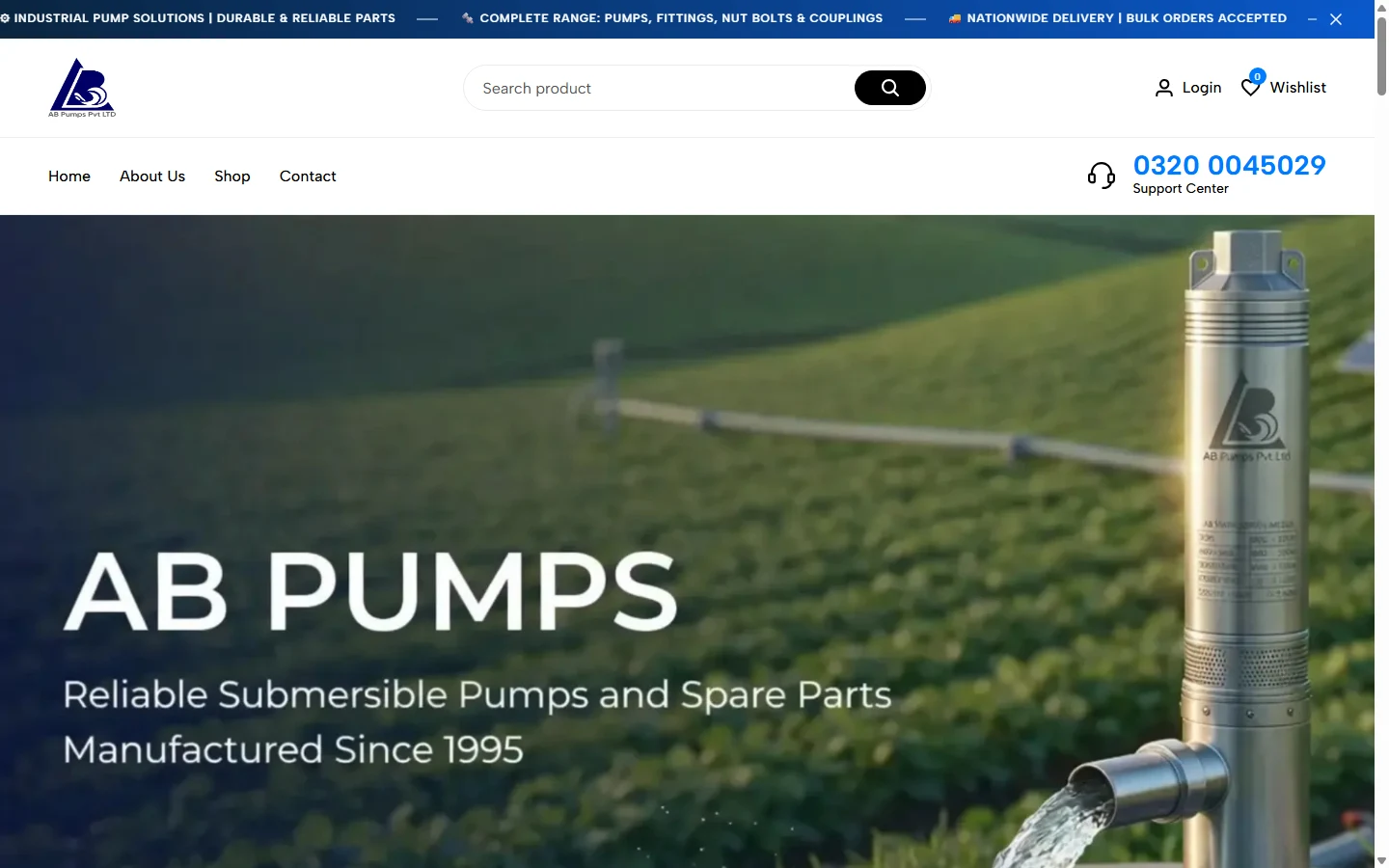 AB Pumps desktop homepage, captured 2026-10-11