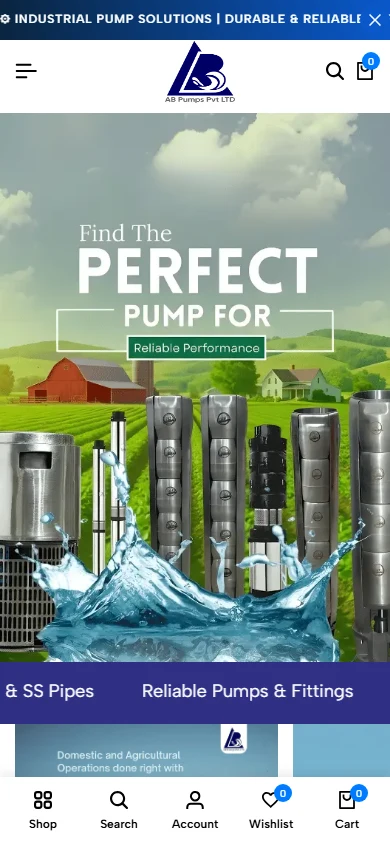 AB Pumps mobile homepage, captured 2026-10-11
