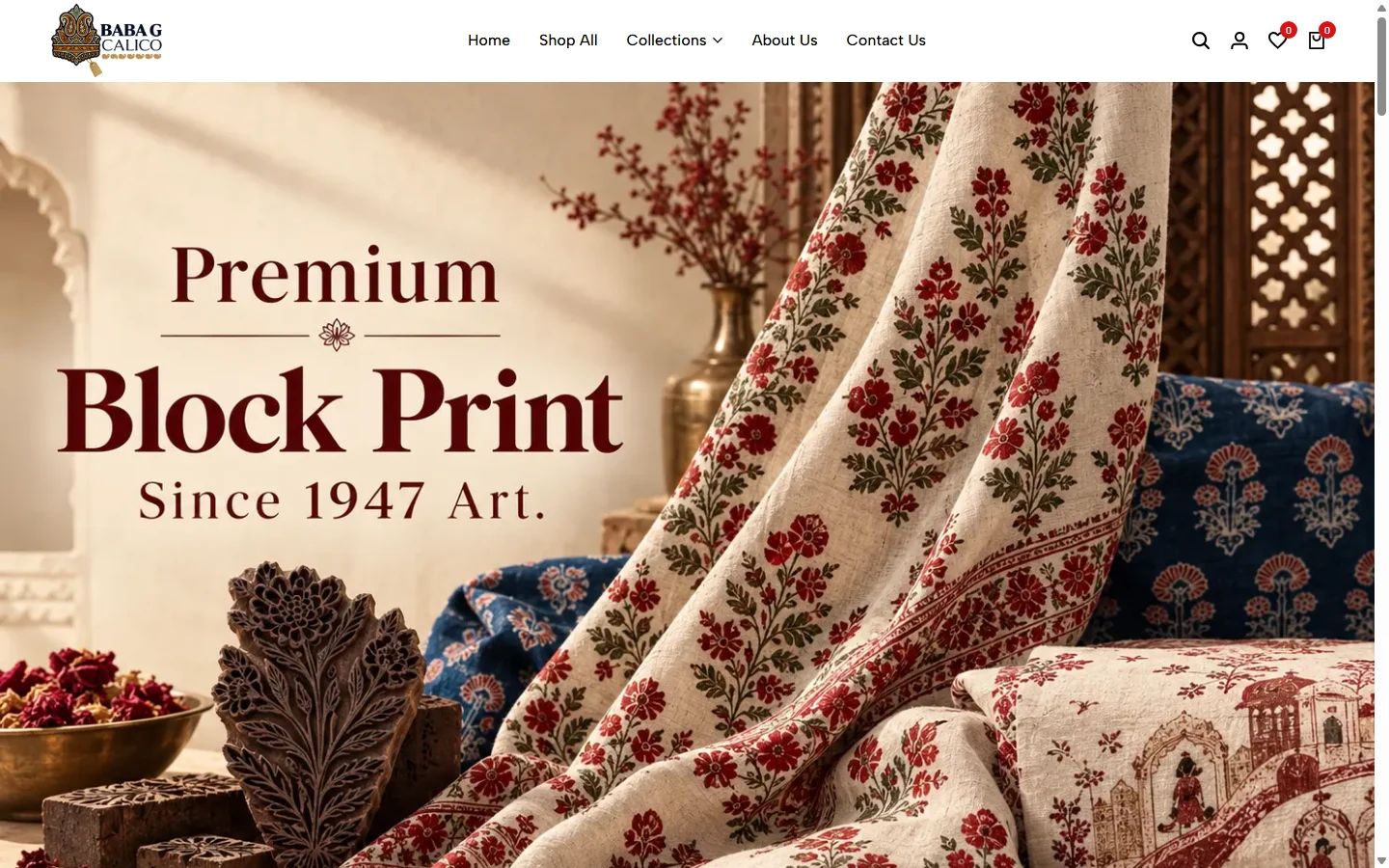 Babag Calico · Block Printing desktop homepage, captured 2026-10-11