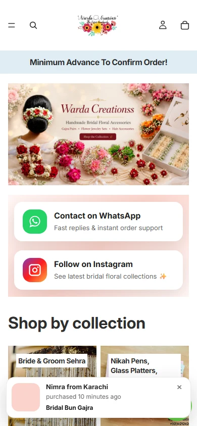 Warda Creations mobile homepage, captured 2026-10-11